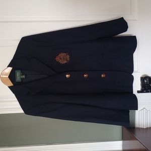 Lauren Ralph Lauren Crested Crown Emblem Logo Dark Navy Wool Blazer size 12